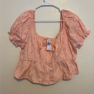 American Eagle Pink Eyelet Puff Sleeve Peplum Top XL Cottagecore